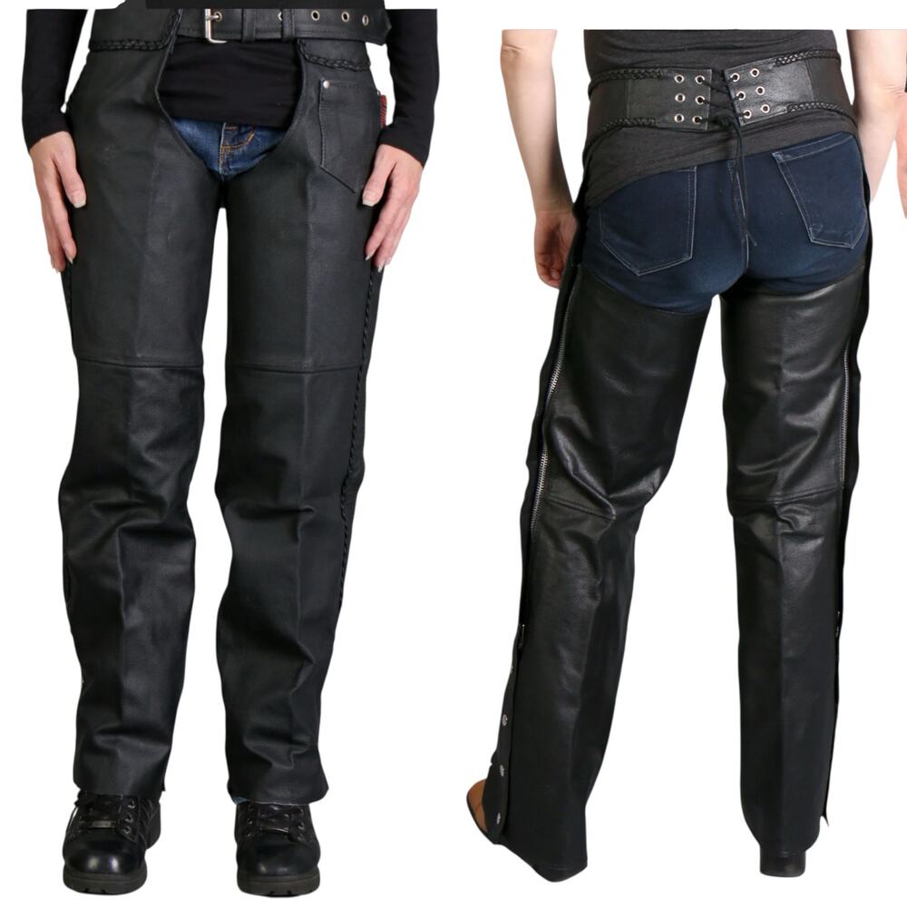Hot Leathers Black Heavyweight Motorcycle Braided Leather Biker Chaps XXXS